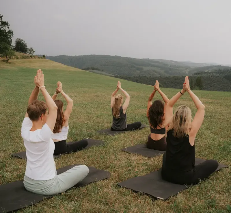 Yogagruppe sitzt auf einer Wiese im Sauerland, Arme über dem Kopf